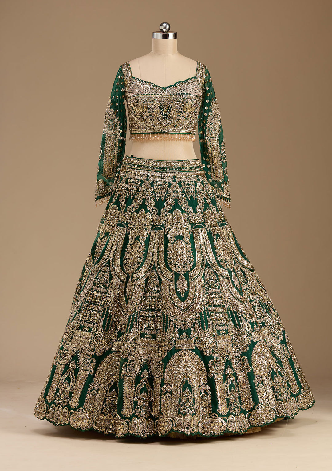 Bottle Green Sequins Net Readymade Lehenga