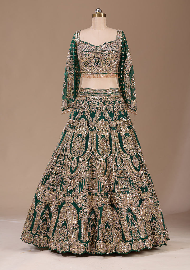 Bottle Green Cording Net Readymade Lehenga