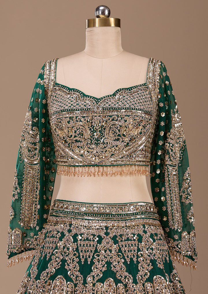 Bottle Green Cording Net Readymade Lehenga