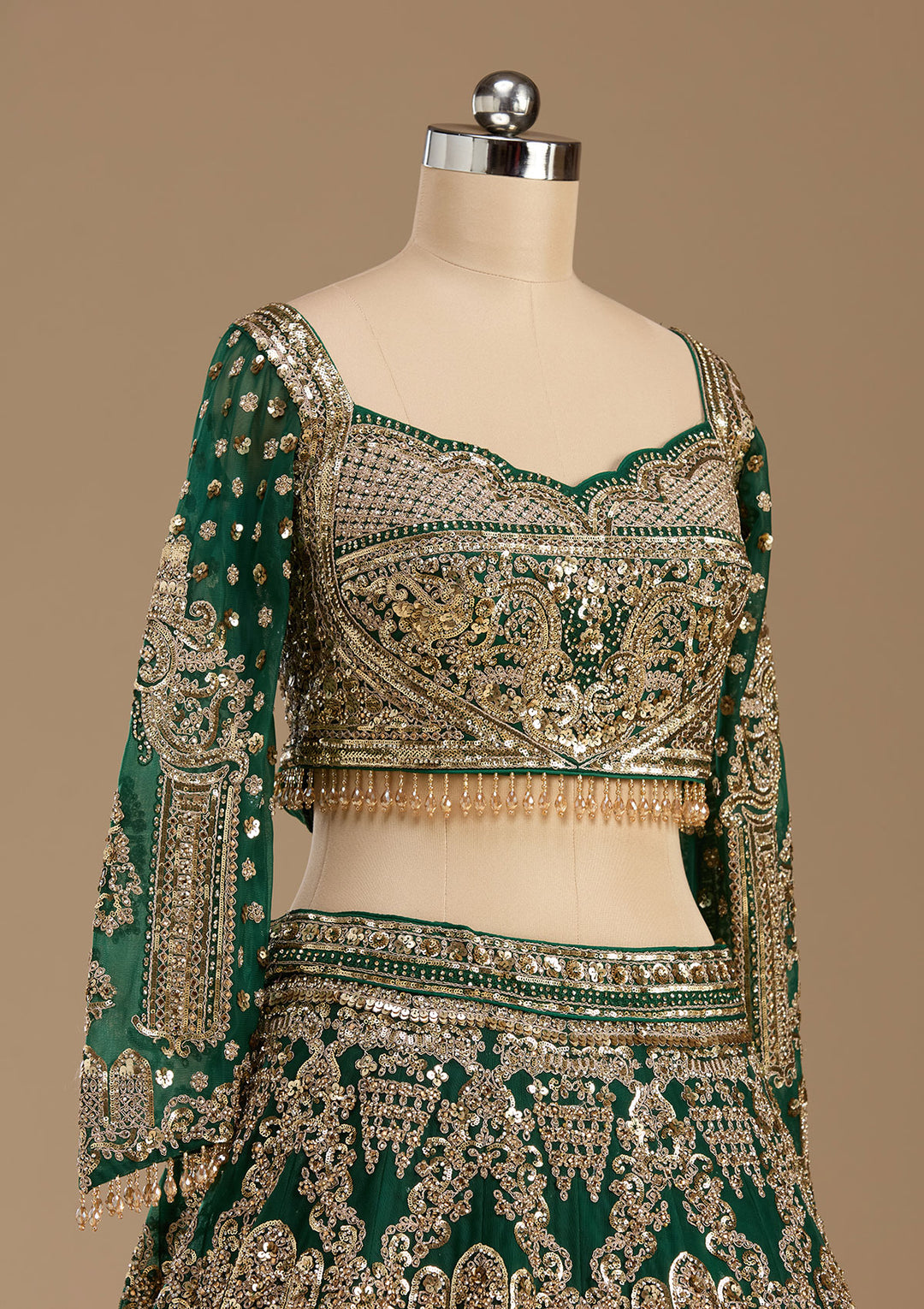 Bottle Green Sequins Net Readymade Lehenga