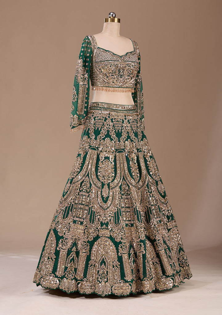 Bottle Green Cording Net Readymade Lehenga