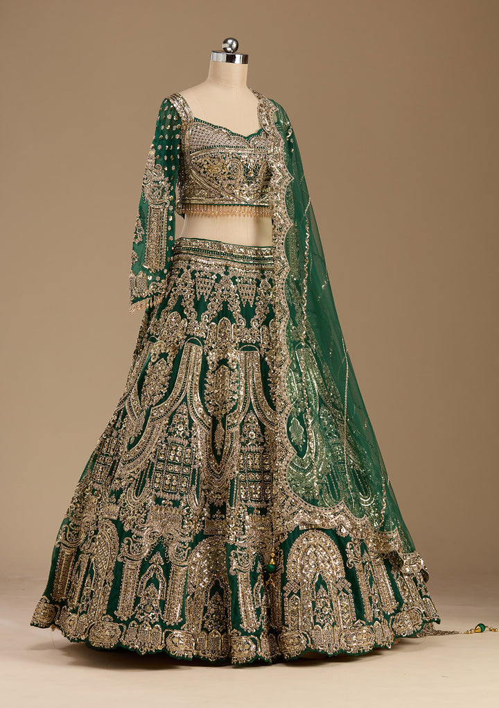 Bottle Green Sequins Net Readymade Lehenga