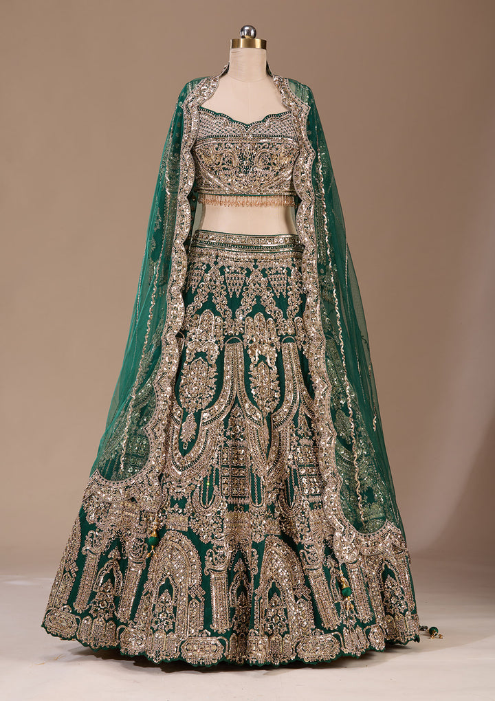 Bottle Green Cording Net Readymade Lehenga