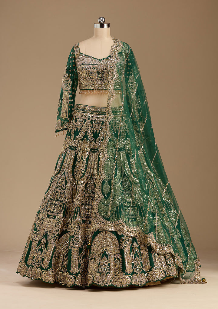 Bottle Green Sequins Net Readymade Lehenga
