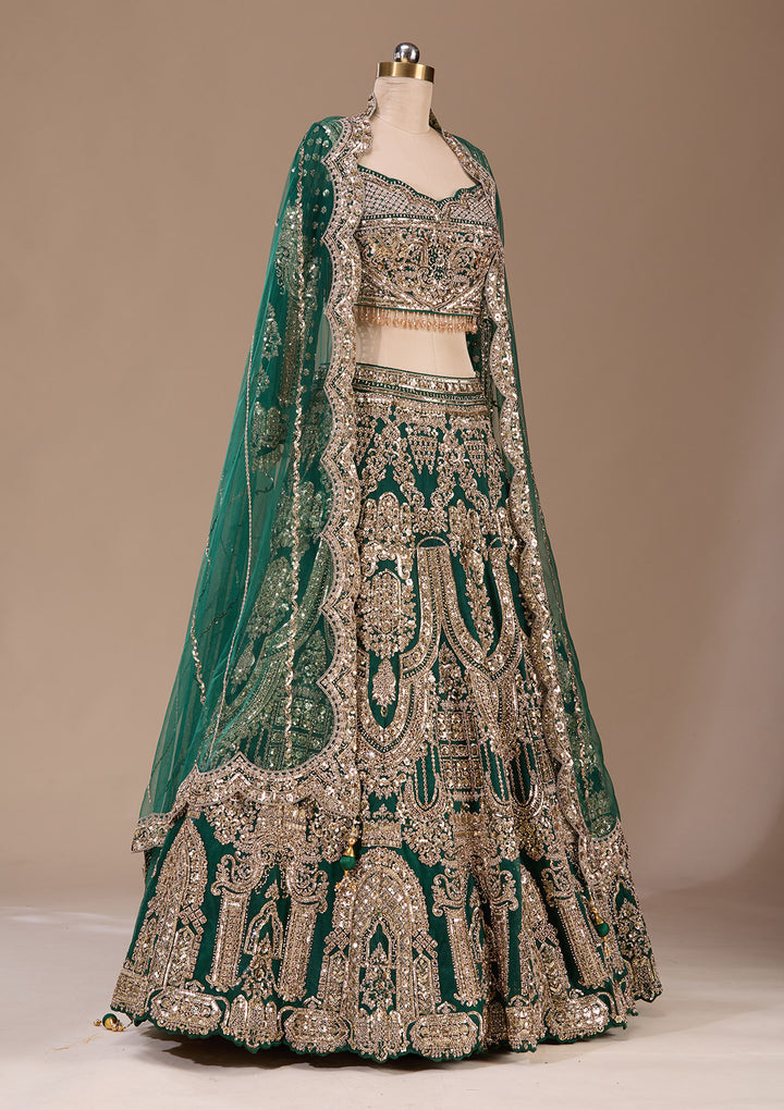 Bottle Green Cording Net Readymade Lehenga