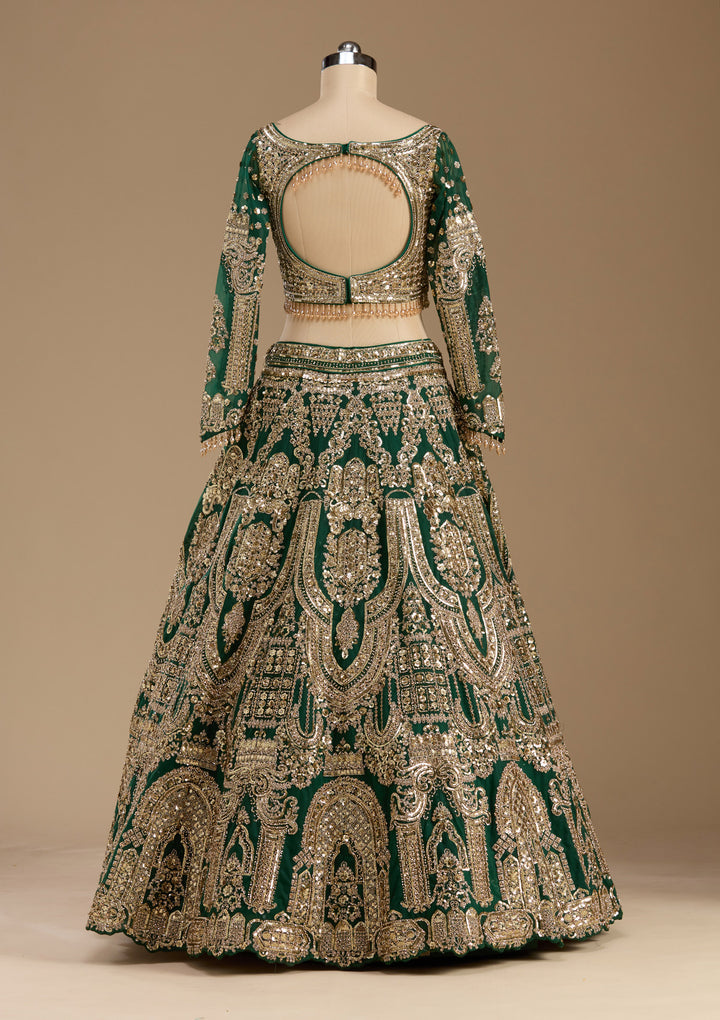 Bottle Green Sequins Net Readymade Lehenga