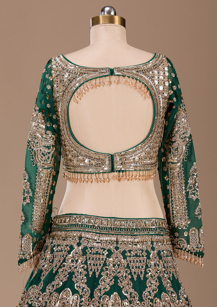 Bottle Green Cording Net Readymade Lehenga