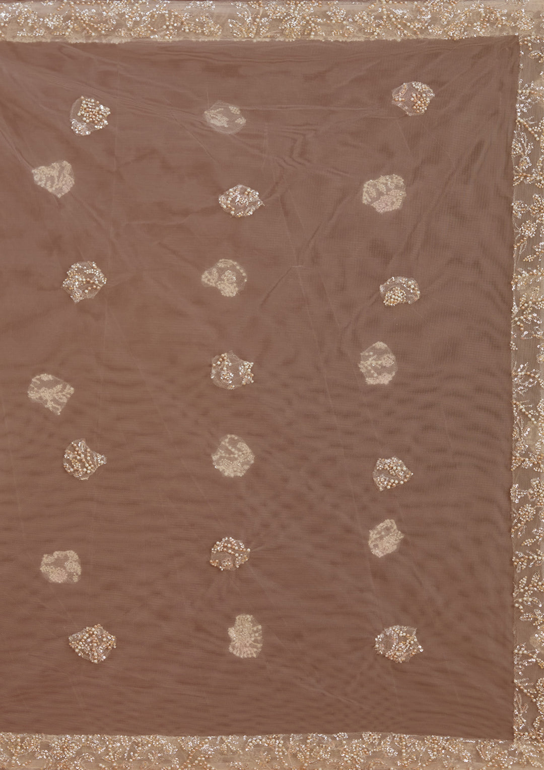 Cream Pearlwork Net Readymade Lehenga