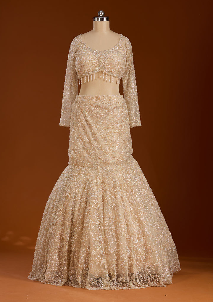 Cream Pearlwork Net Readymade Lehenga
