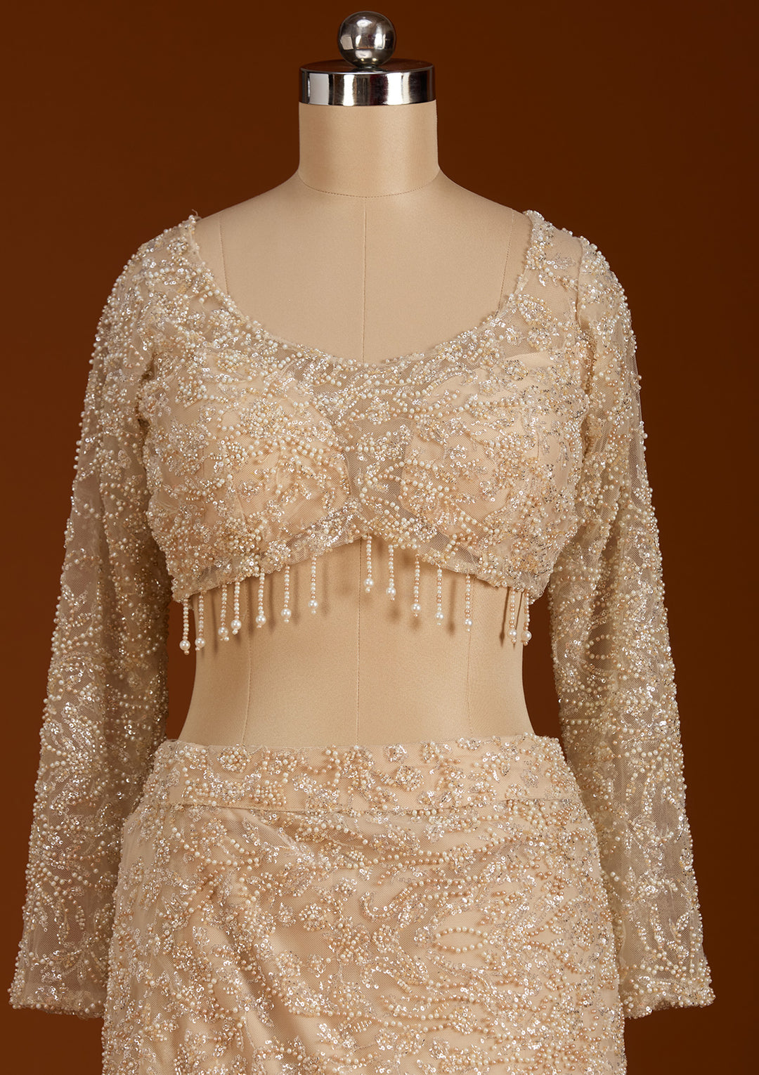 Cream Pearlwork Net Readymade Lehenga