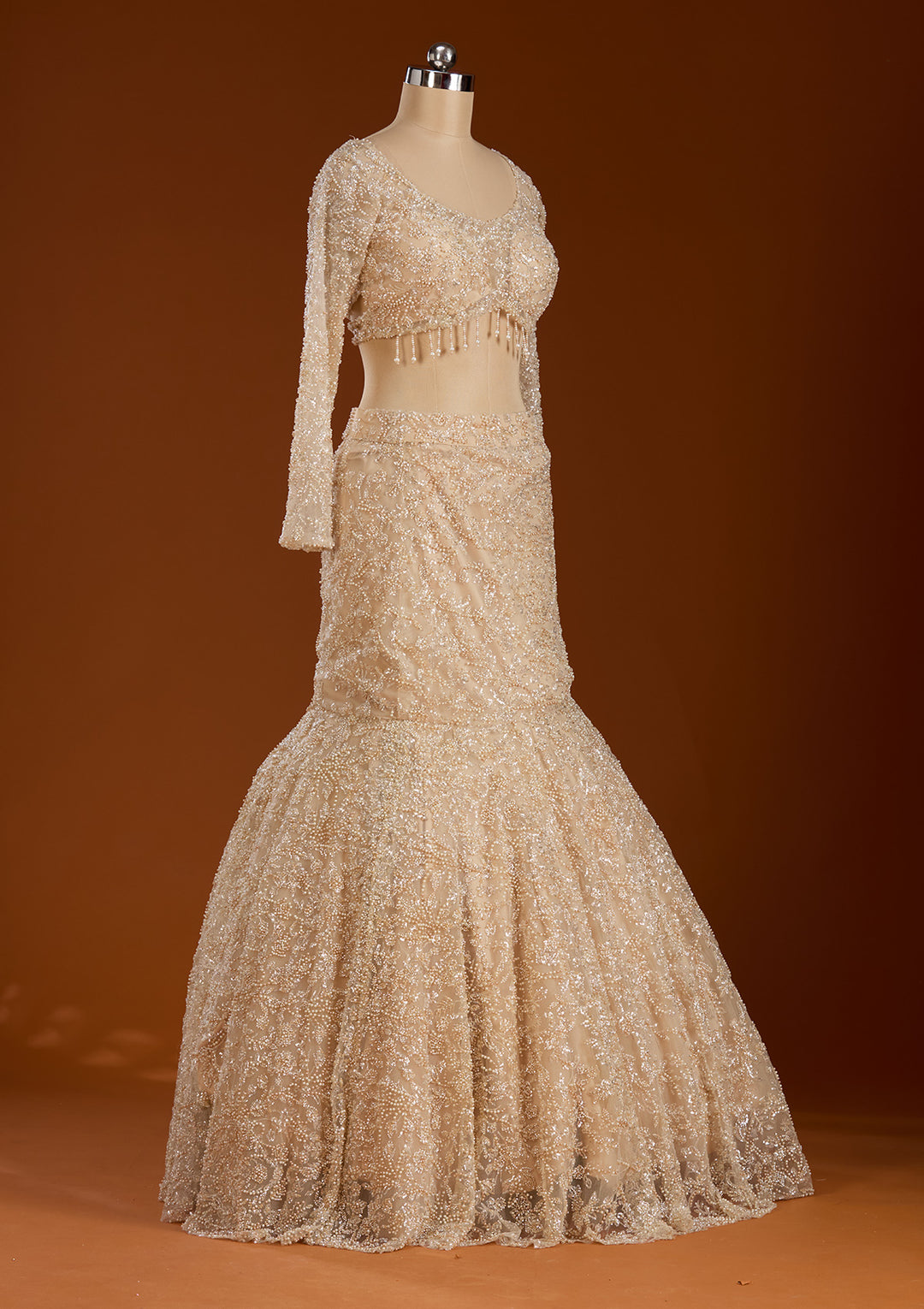 Cream Pearlwork Net Readymade Lehenga
