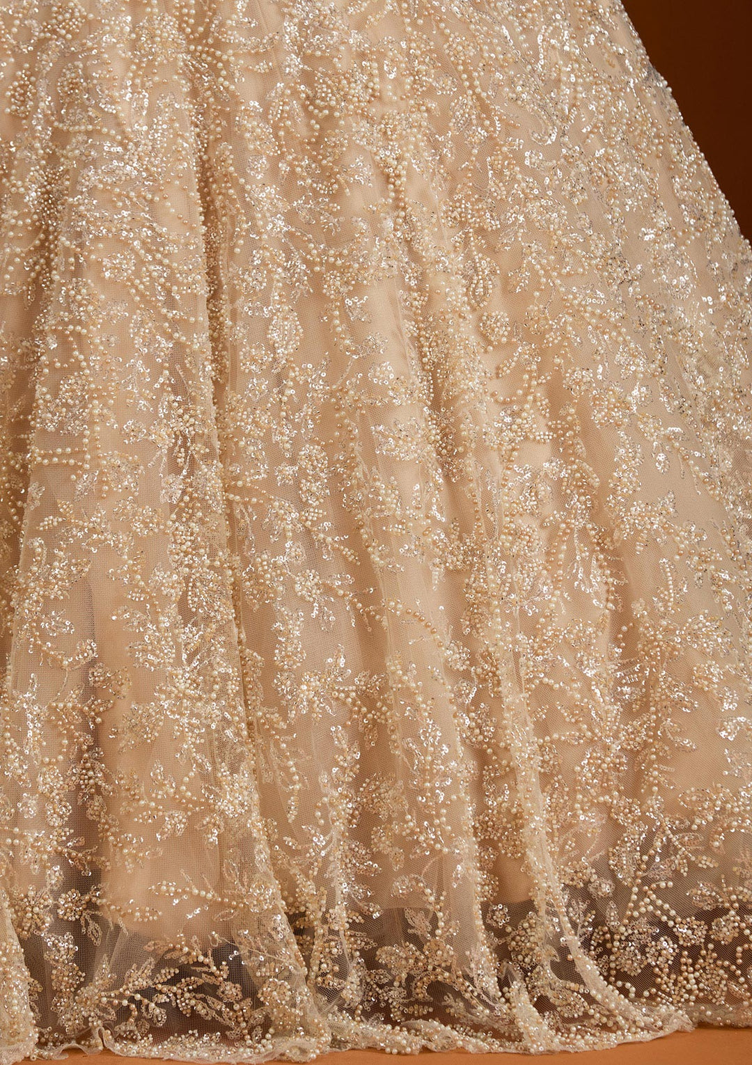 Cream Pearlwork Net Readymade Lehenga
