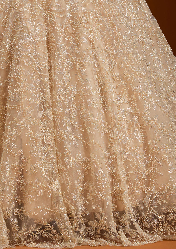Cream Pearlwork Net Readymade Lehenga