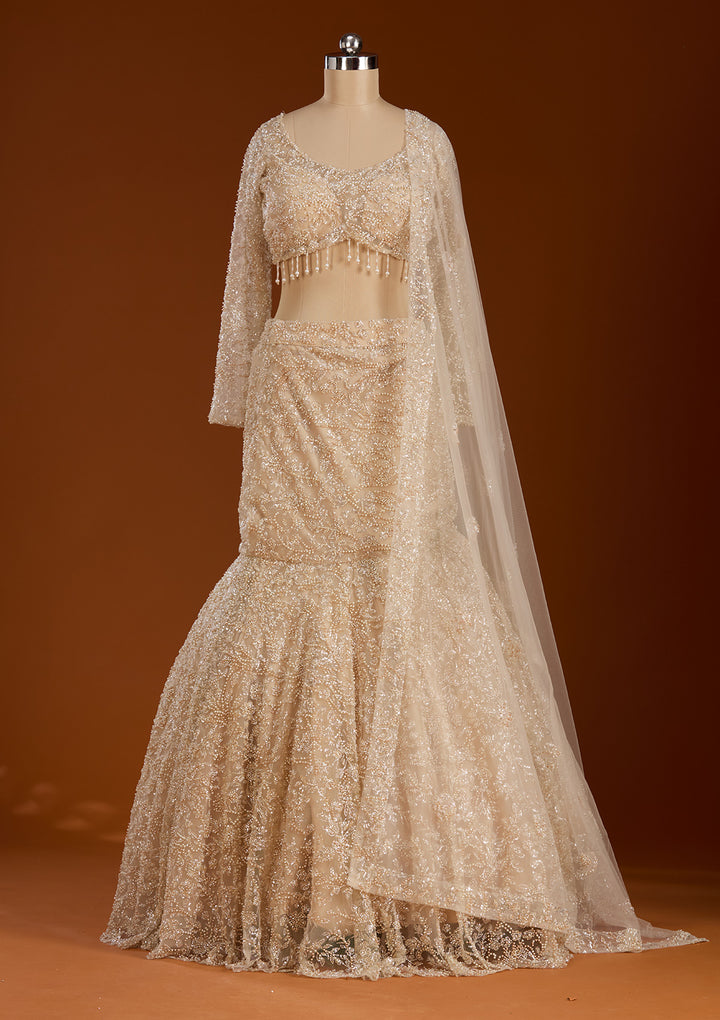 Cream Pearlwork Net Readymade Lehenga