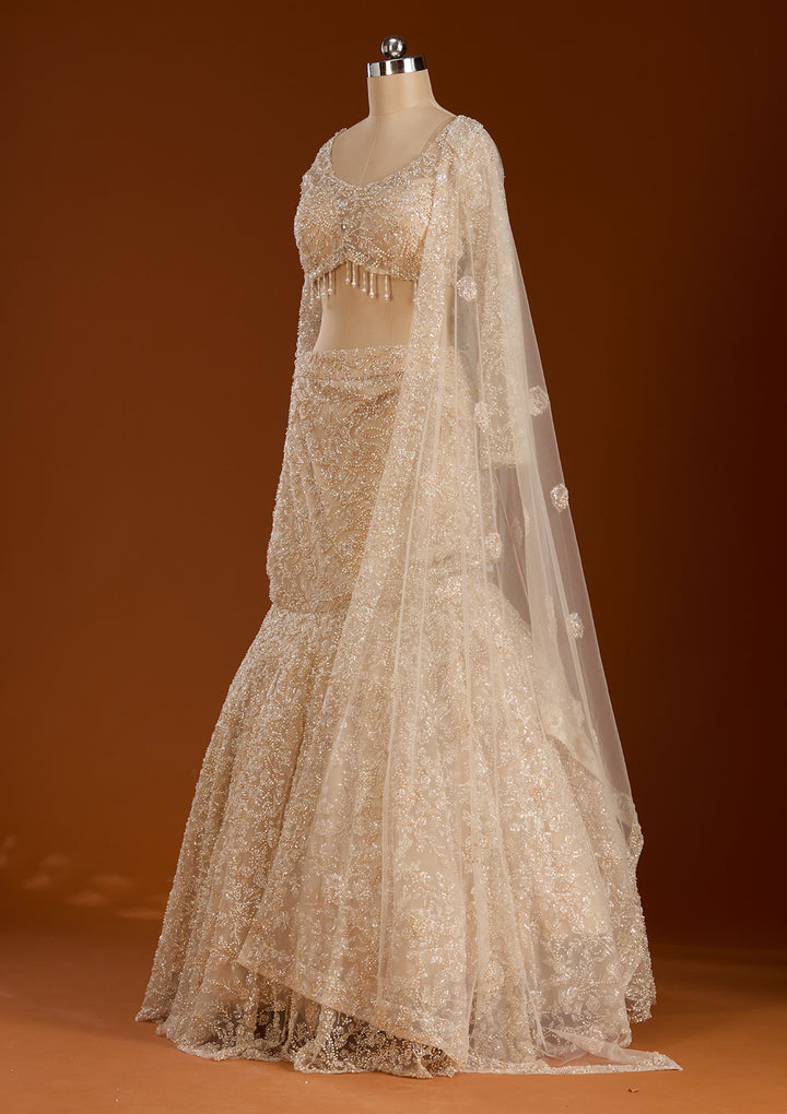 Cream Pearlwork Net Readymade Lehenga