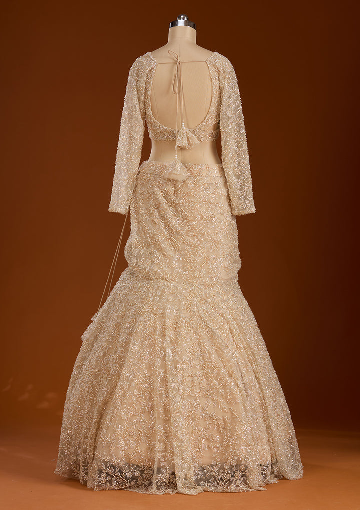 Cream Pearlwork Net Readymade Lehenga