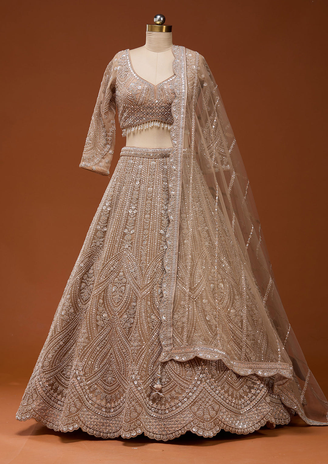 Beige Zariwork (Silver) Net Readymade Lehenga