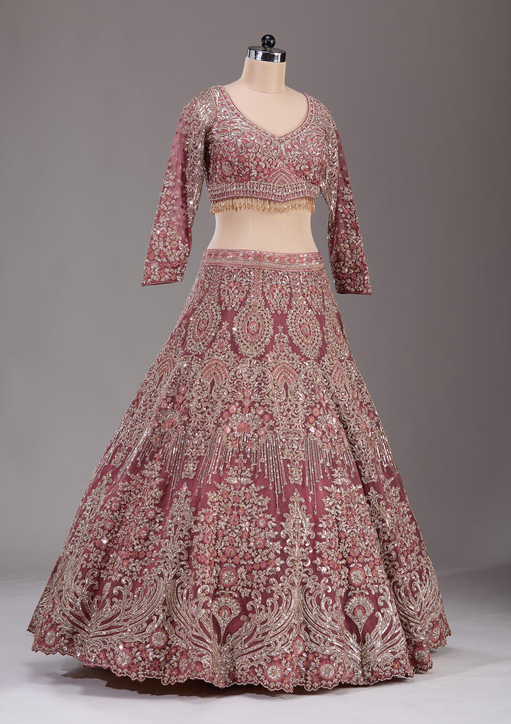 Onion Pink Sequins Net Readymade Lehenga