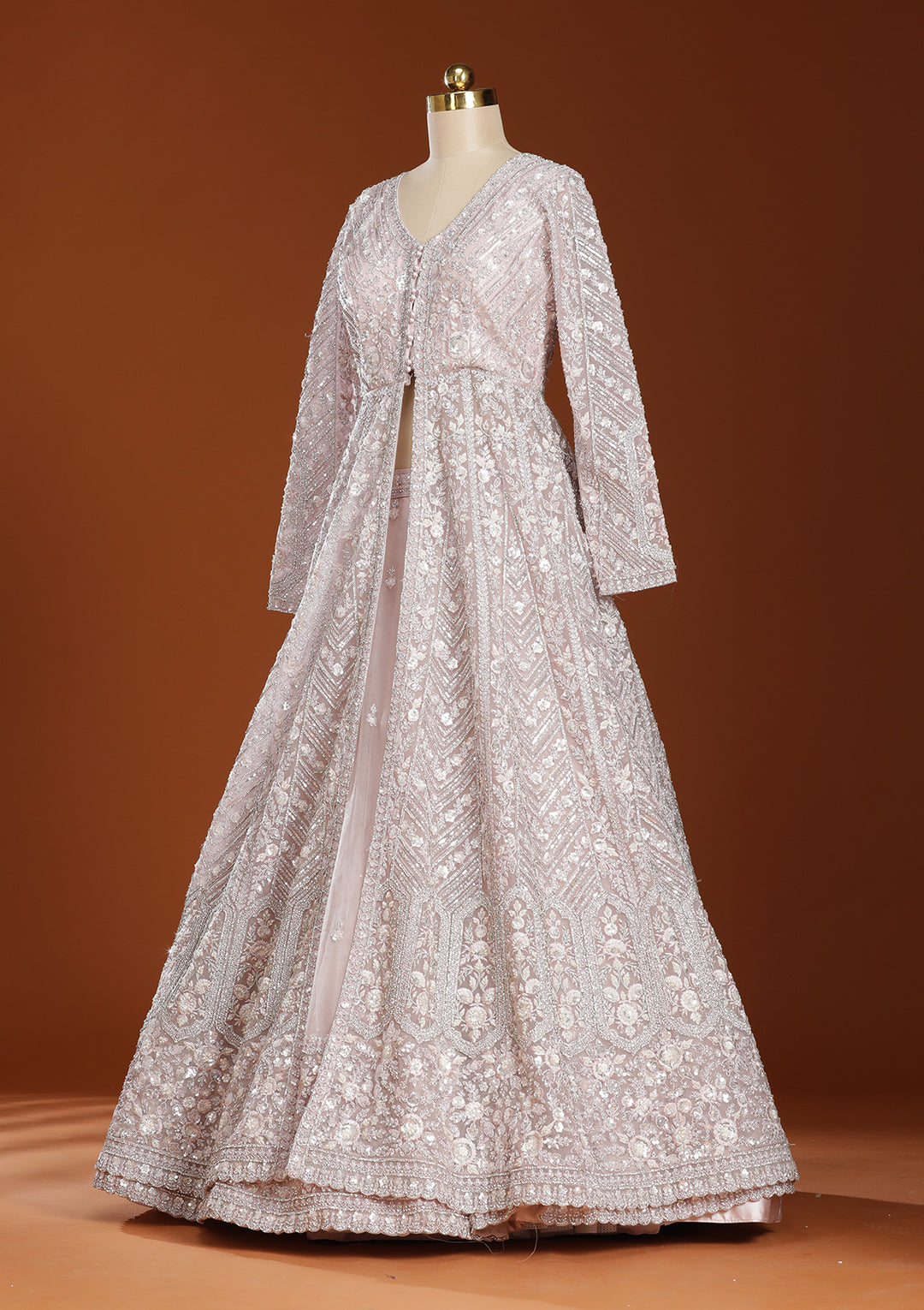 Baby Pink Zariwork (Silver) Net Readymade Lehenga