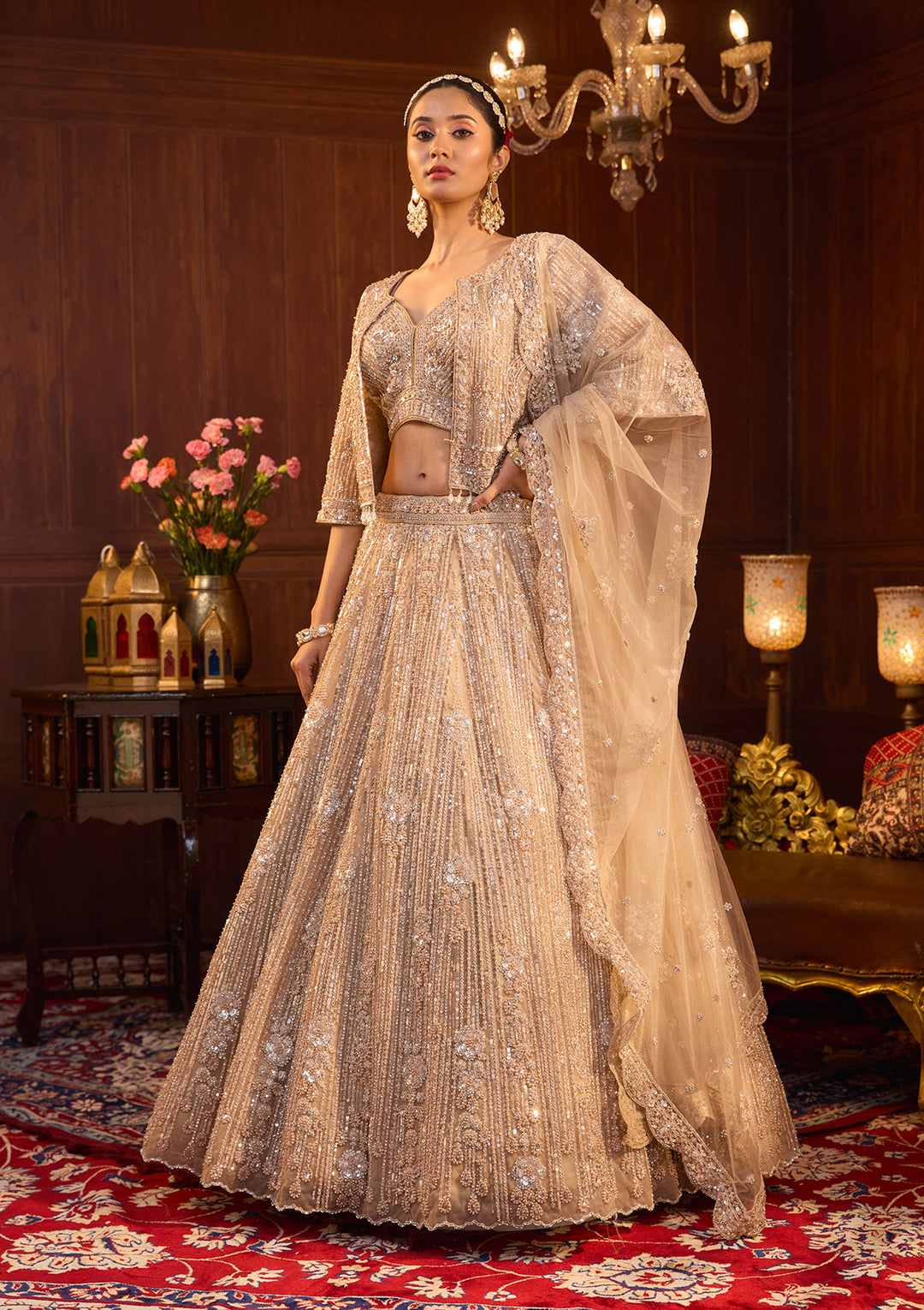 Beige Sequins Net Readymade Lehenga
