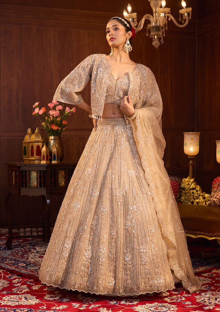 Beige Sequins Net Readymade Lehenga