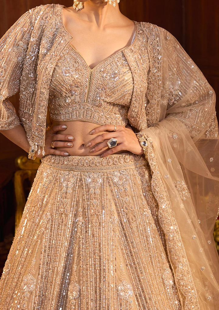 Beige Sequins Net Readymade Lehenga