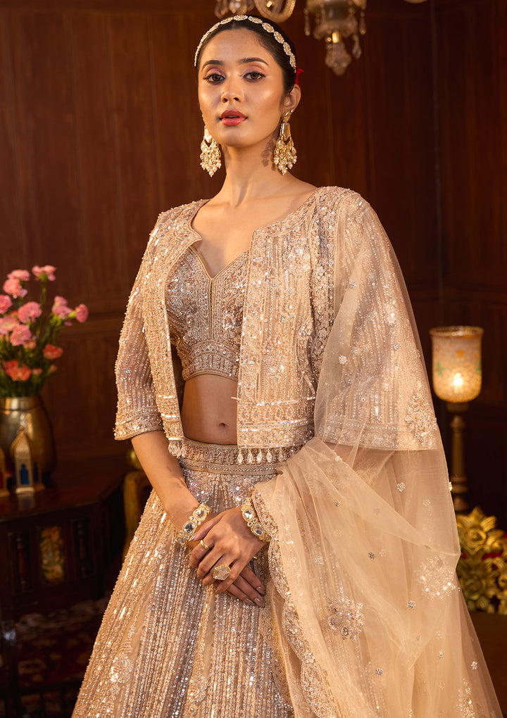Beige Sequins Net Readymade Lehenga