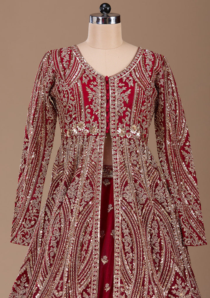Maroon Sequins Net Readymade Lehenga