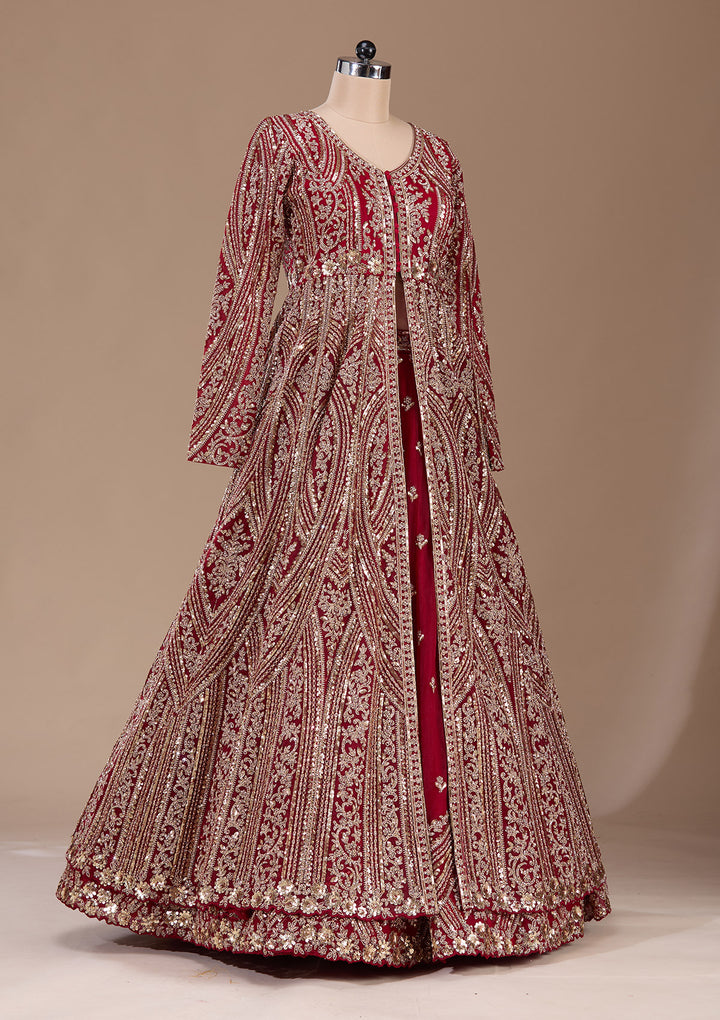 Maroon Sequins Net Readymade Lehenga