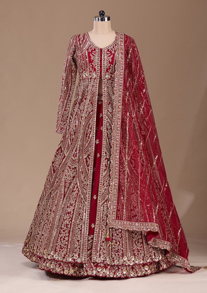 Maroon Sequins Net Readymade Lehenga