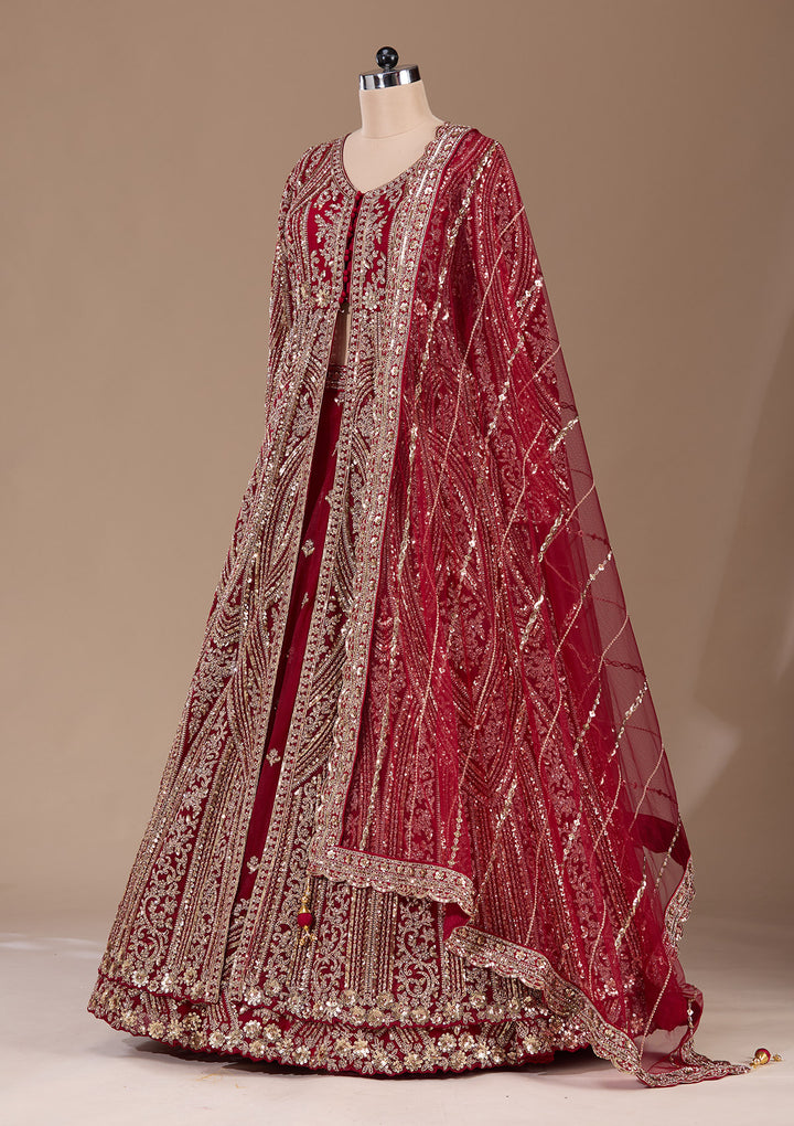 Maroon Sequins Net Readymade Lehenga