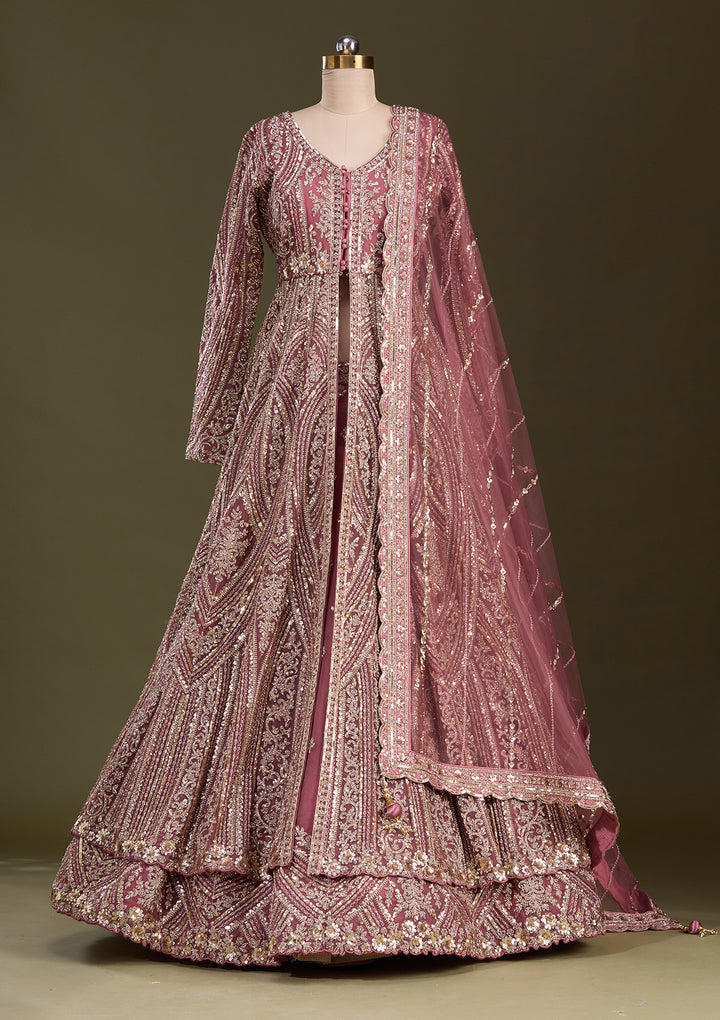 Onion Pink Sequins Net Readymade Lehenga