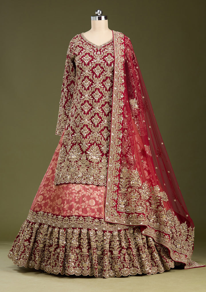 Red Cording Dola Silk Readymade Lehenga