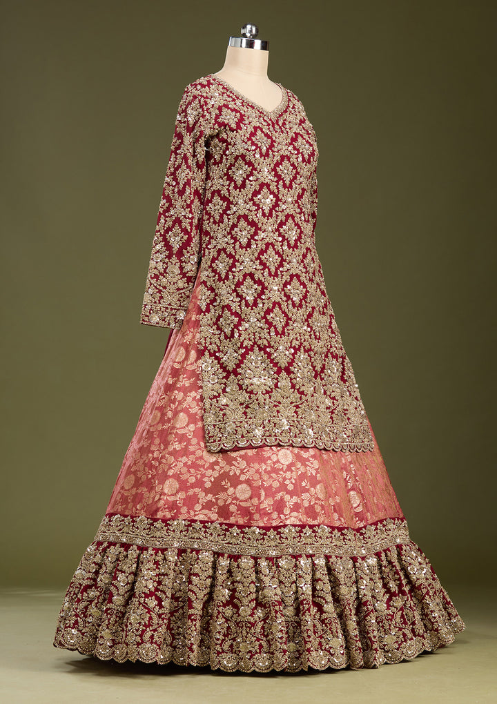 Red Cording Dola Silk Readymade Lehenga