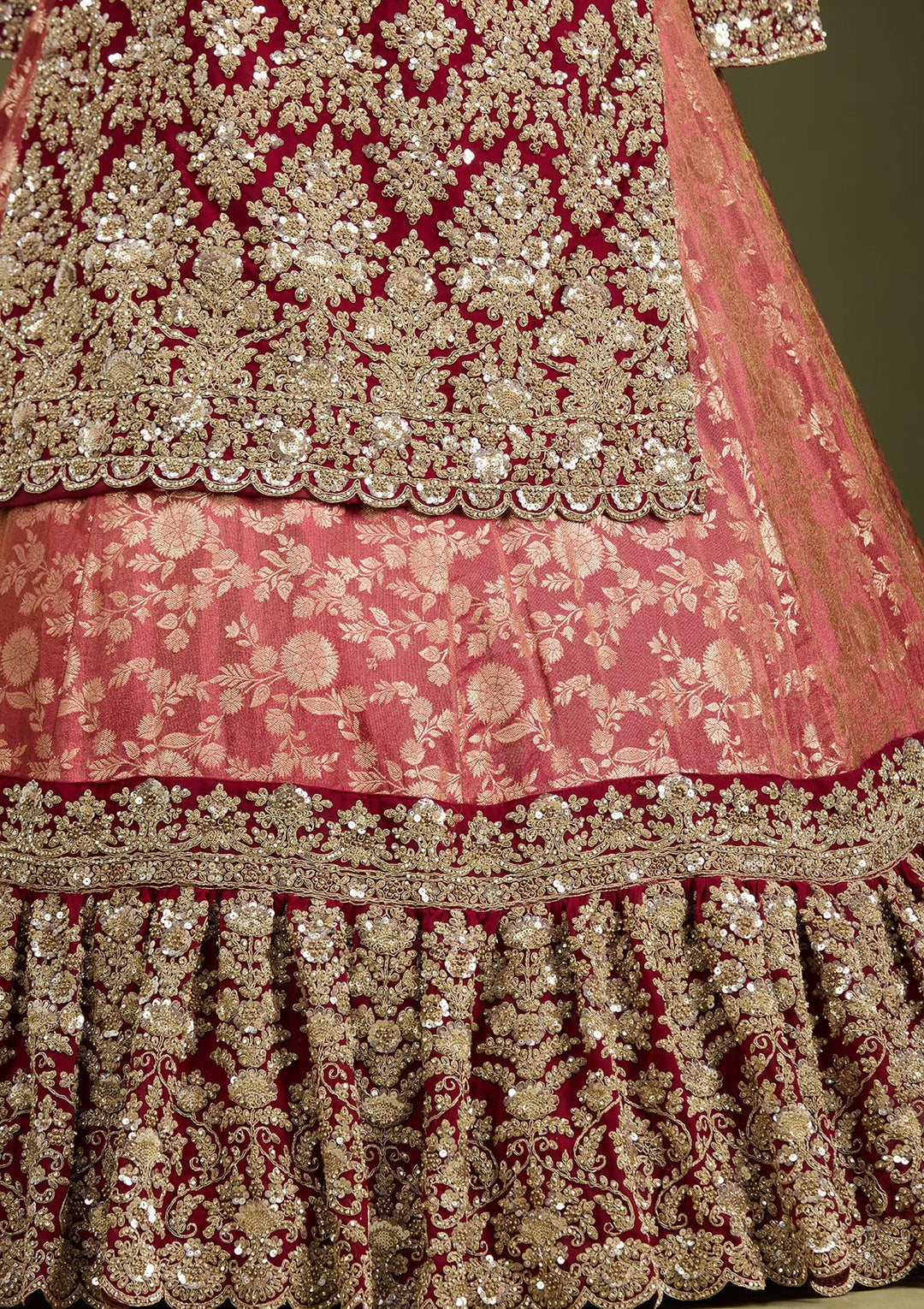 Red Cording Dola Silk Readymade Lehenga