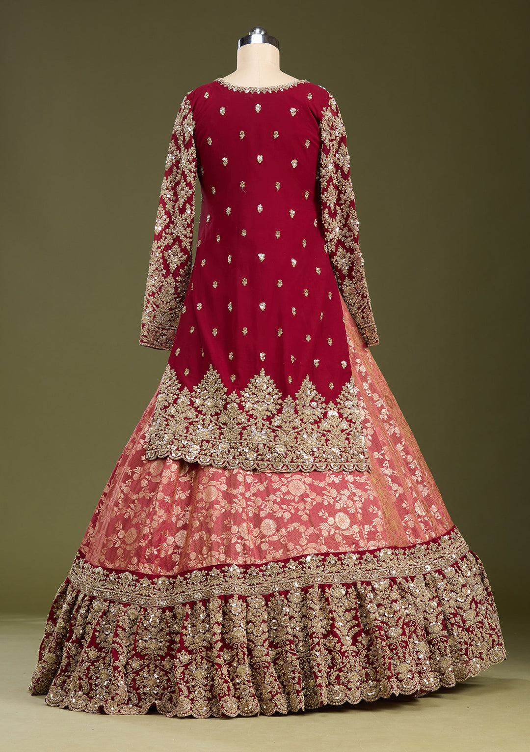 Red Cording Dola Silk Readymade Lehenga