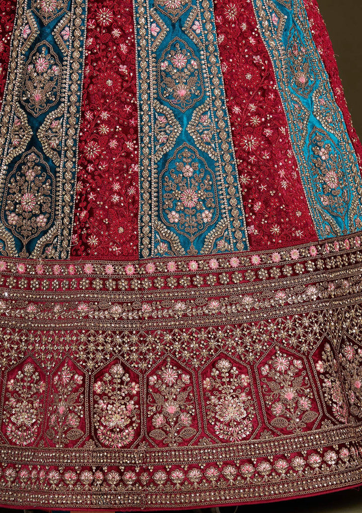 Peacock Blue Cording Velvet Semi-Stitched Lehenga