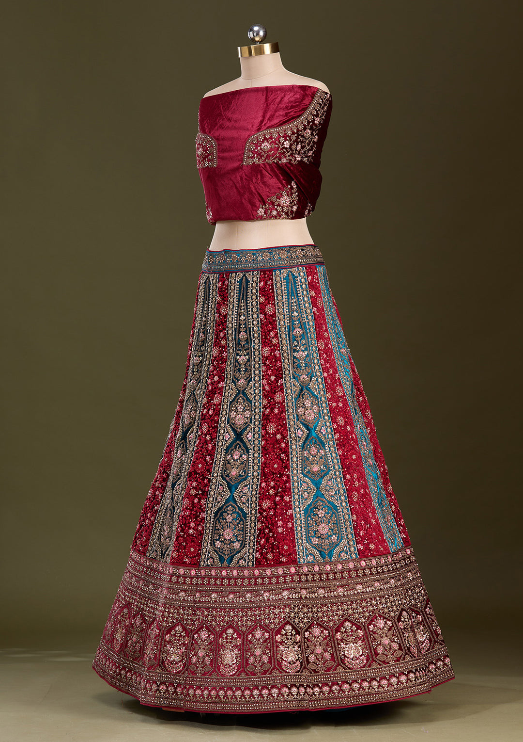 Peacock Blue Cording Velvet Semi-Stitched Lehenga