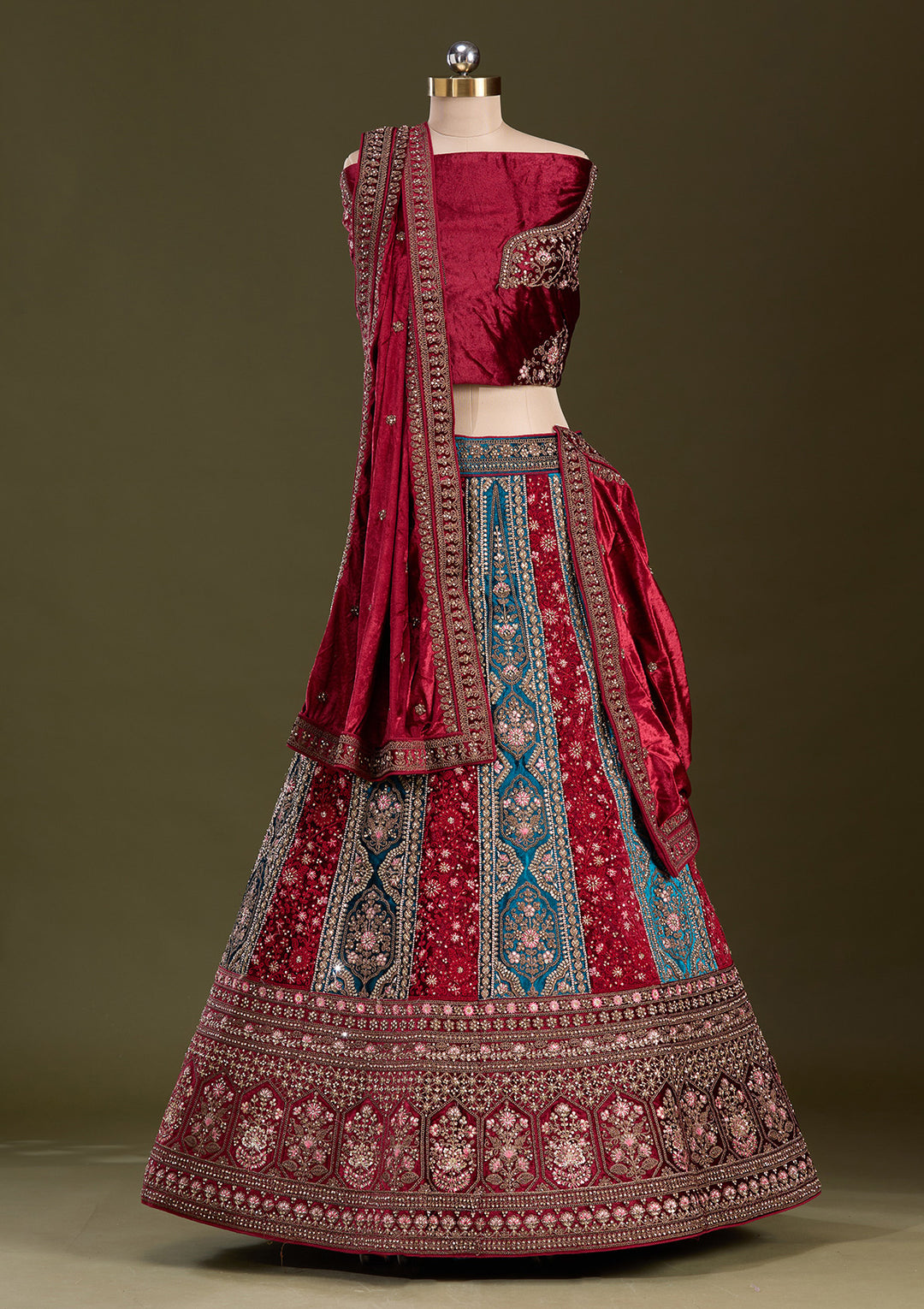 Peacock Blue Cording Velvet Semi-Stitched Lehenga