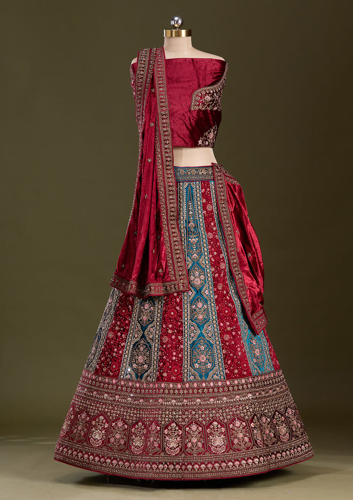 Peacock Blue Cording Velvet Semi-Stitched Lehenga