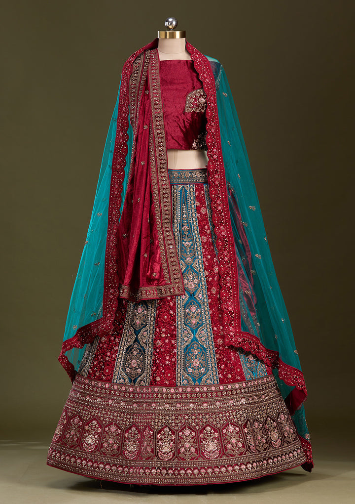 Peacock Blue Cording Velvet Semi-Stitched Lehenga