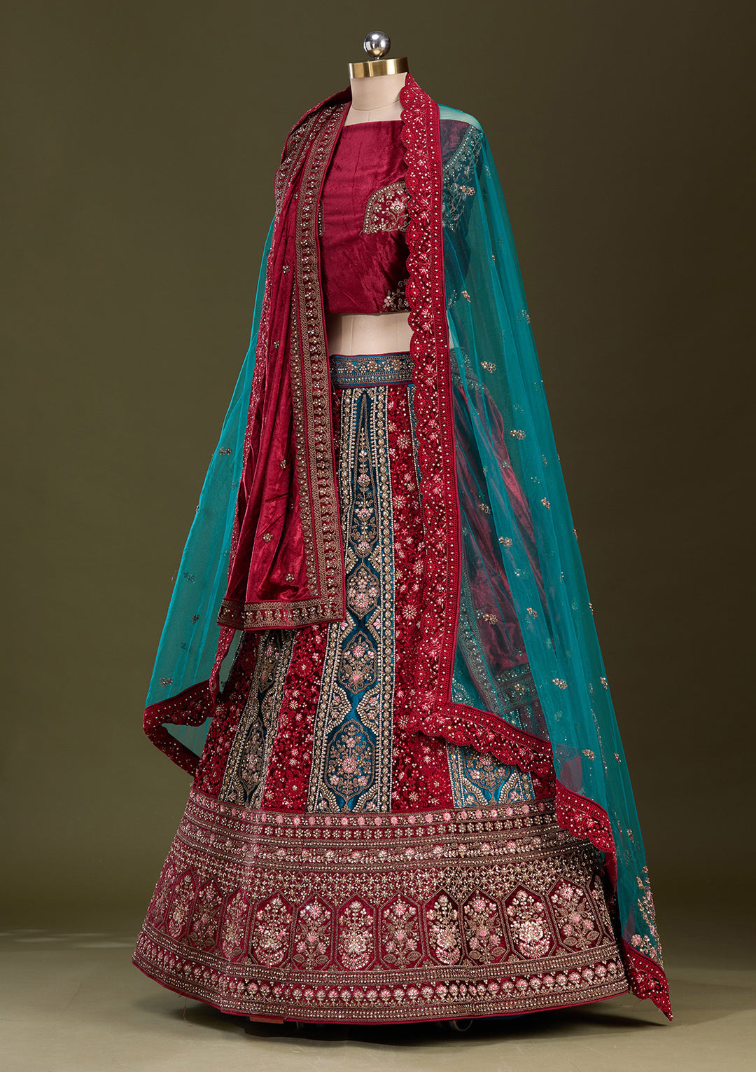 Peacock Blue Cording Velvet Semi-Stitched Lehenga