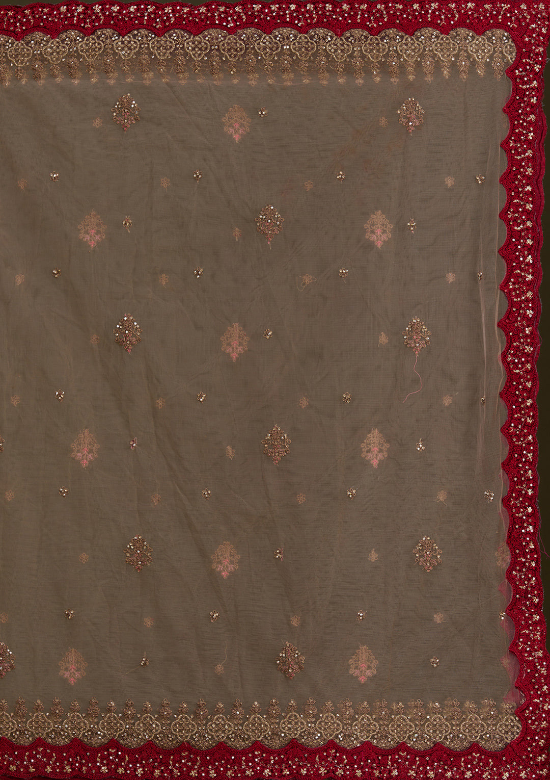 Beige Cording Velvet Semi-Stitched Lehenga