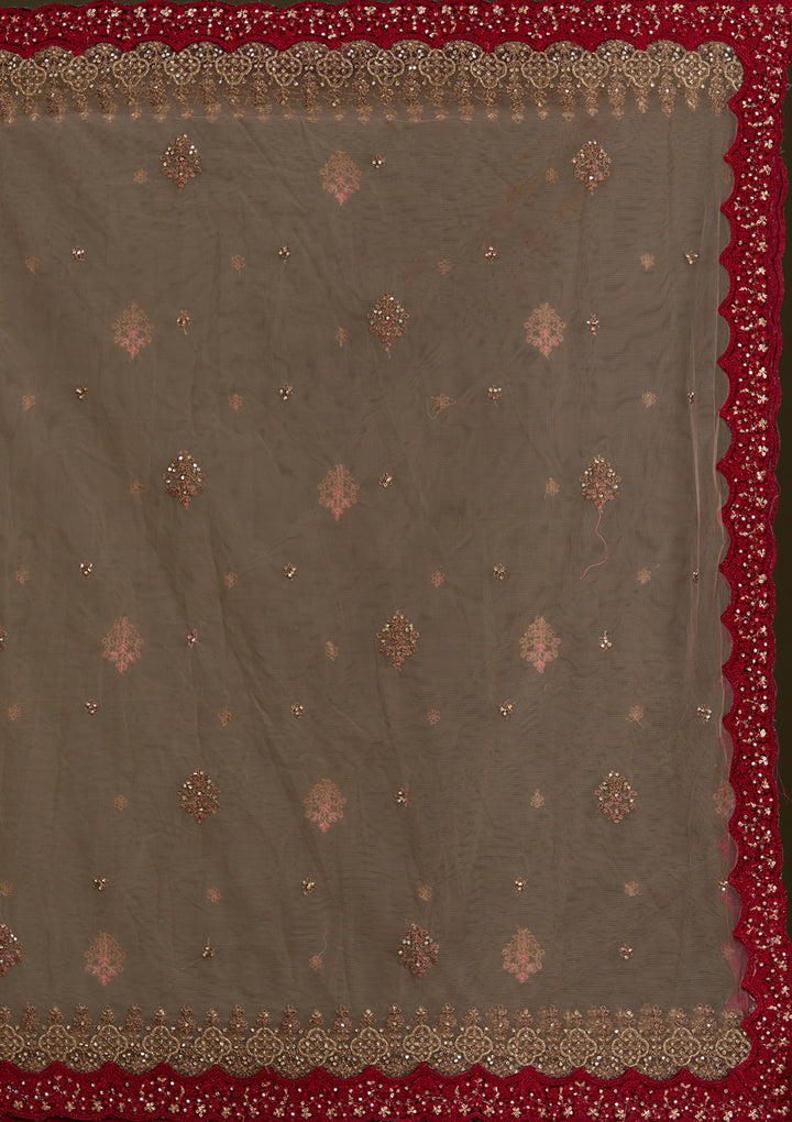 Beige Cording Velvet Semi-Stitched Lehenga