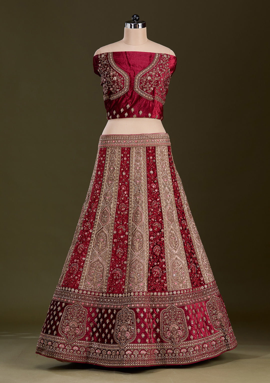 Beige Cording Velvet Semi-Stitched Lehenga