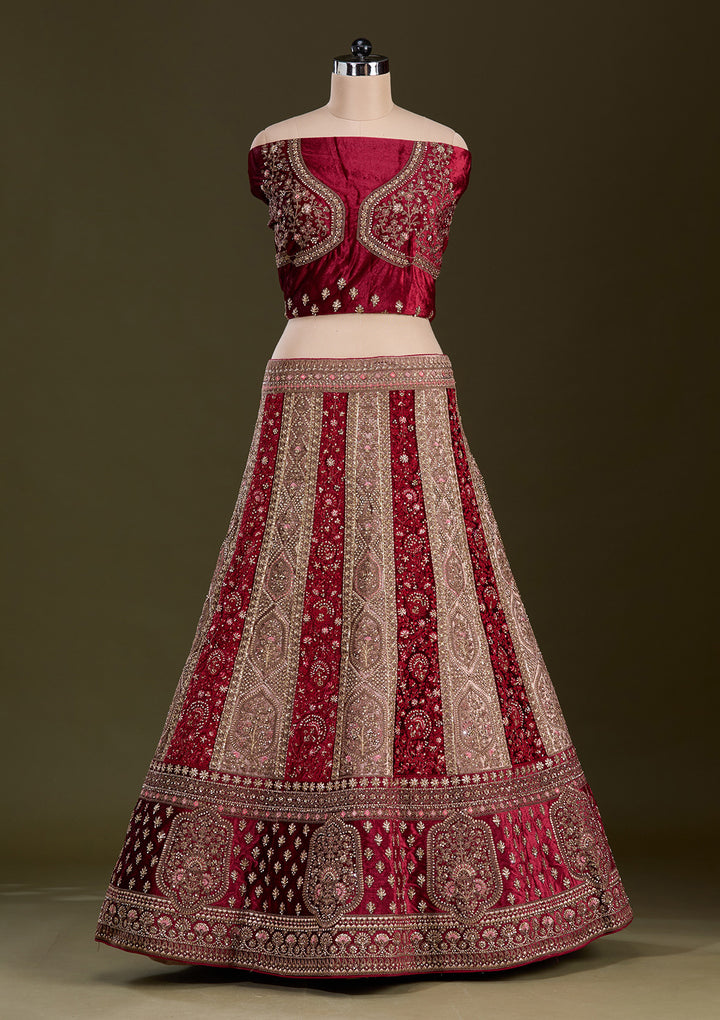 Beige Cording Velvet Semi-Stitched Lehenga