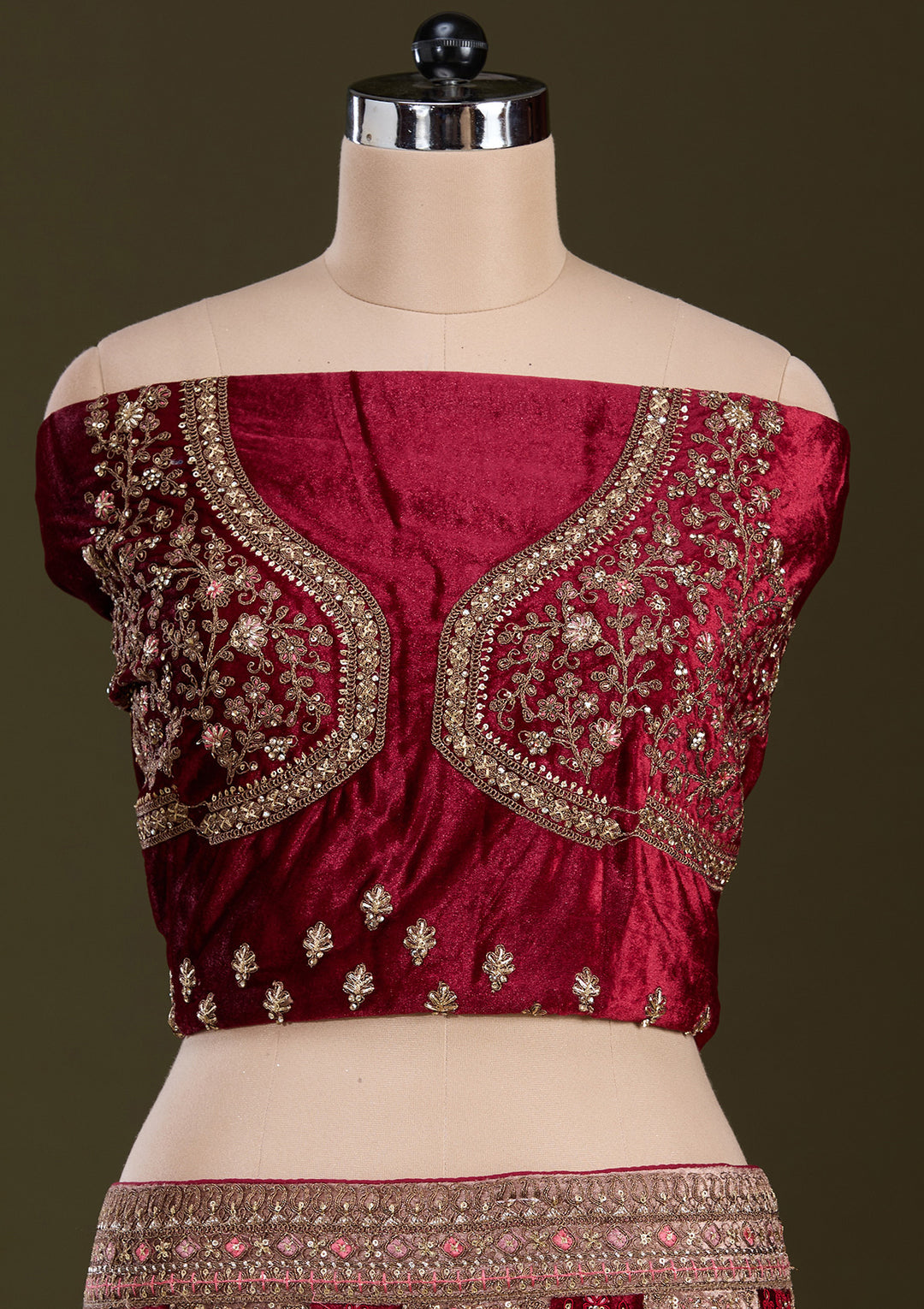 Beige Cording Velvet Semi-Stitched Lehenga