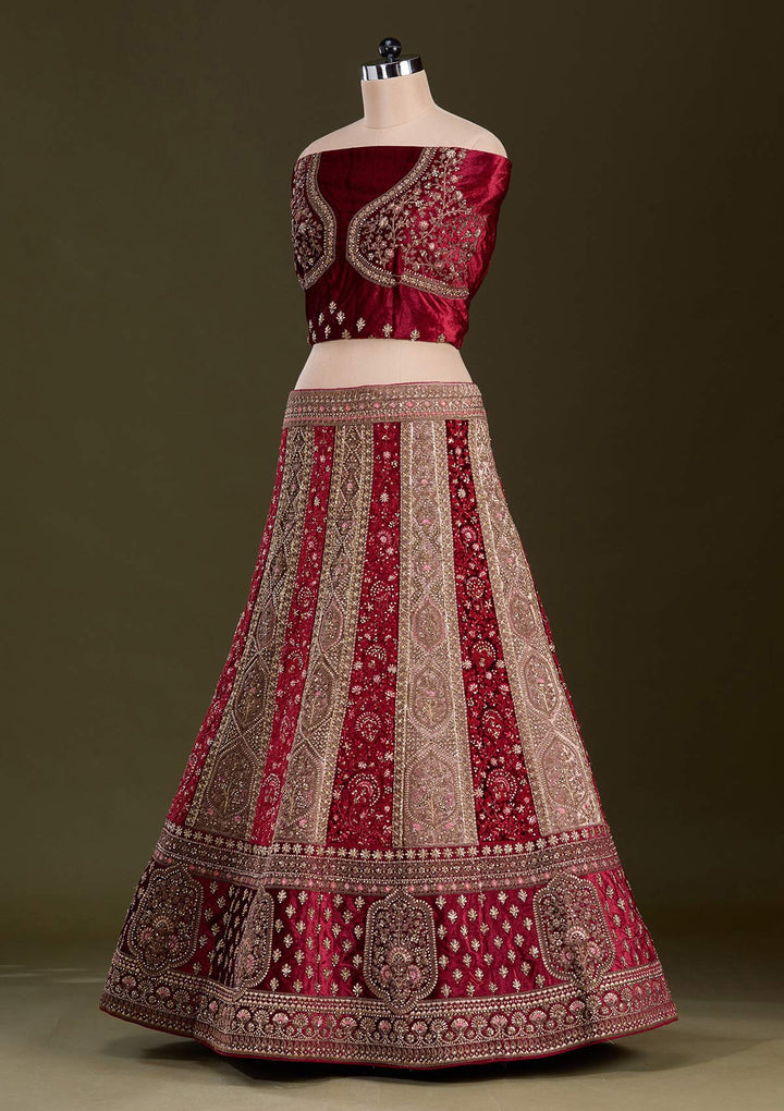 Beige Cording Velvet Semi-Stitched Lehenga