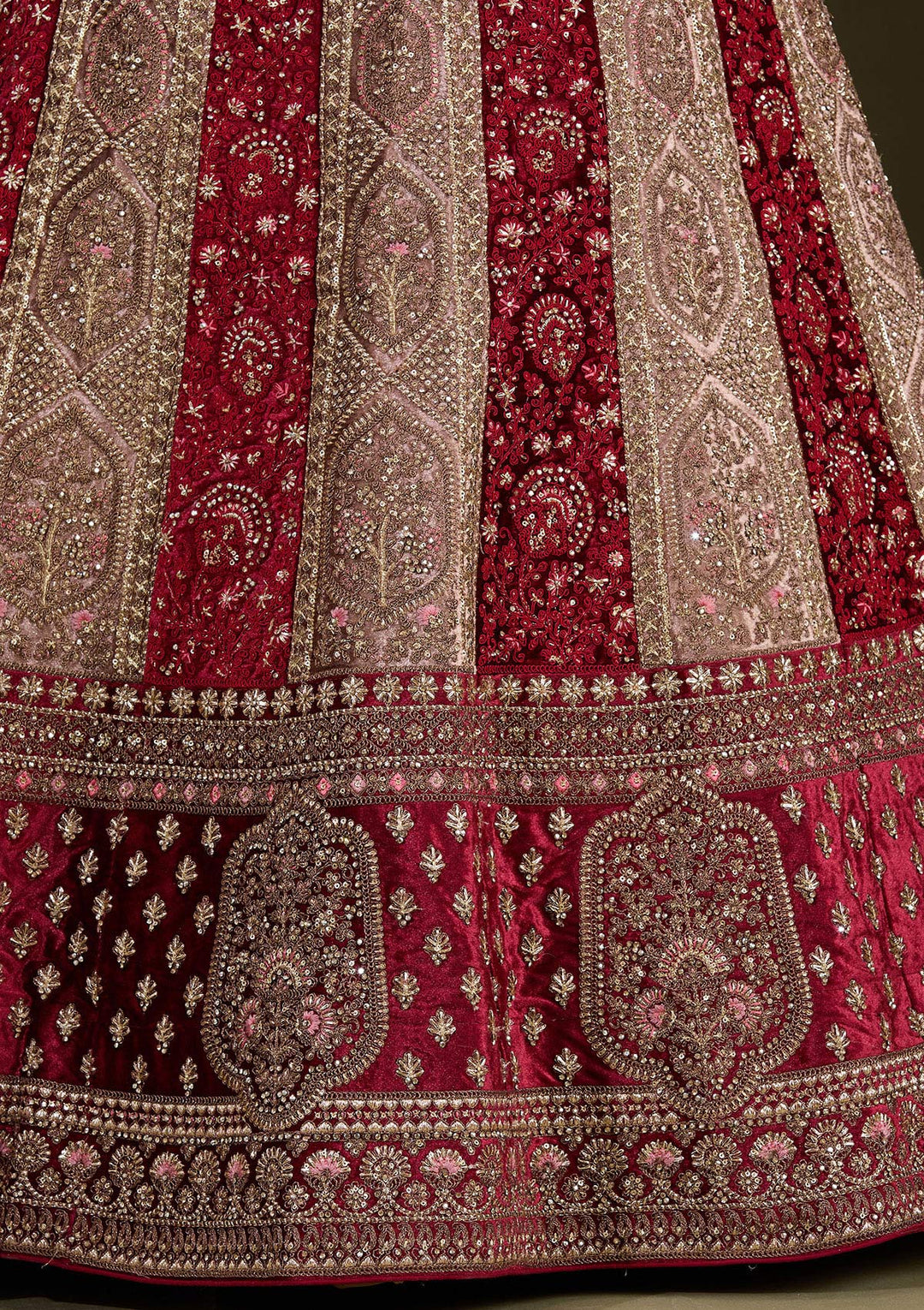 Beige Cording Velvet Semi-Stitched Lehenga