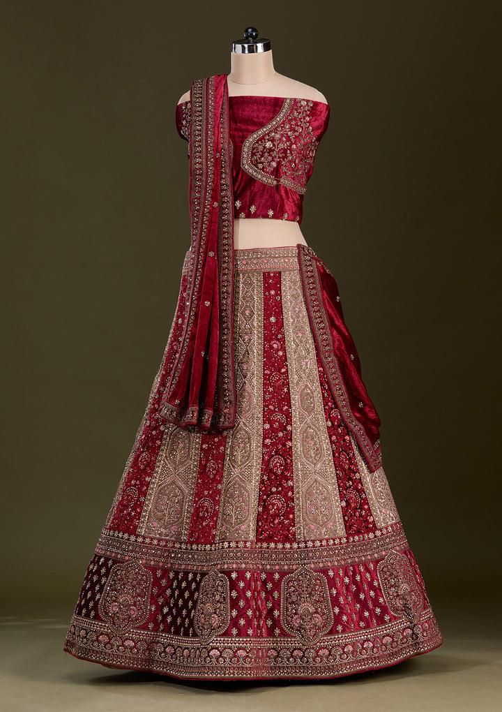 Beige Cording Velvet Semi-Stitched Lehenga